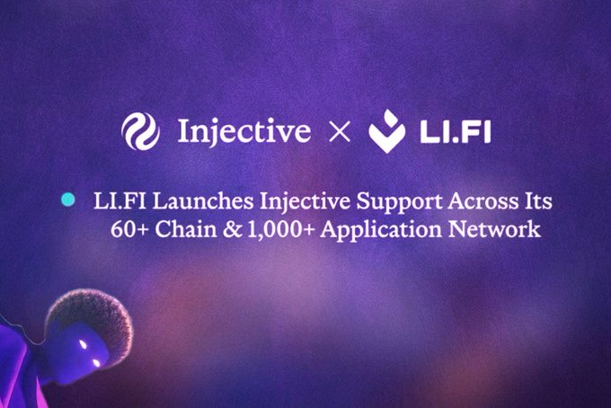 A promotional graphic with a purple gradient background announces 'Injective x LI.FI' partnership, stating 'LI.FI Launches Injective Support Across Its 60+ Chain & 1,000+ Application Network,' with a partial view of a 3D character in the lower left.