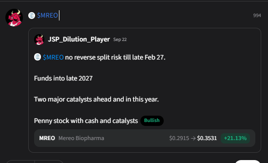 A Discord message from SMREO on JSP_Dilution_Player stating 'no reverse split risk till late Feb 27,' with bullish sentiment about the MREO (Mereo Biopharma) penny stock.