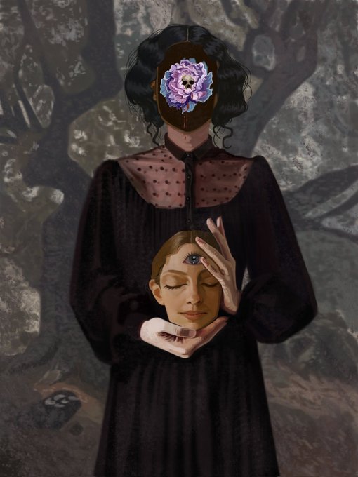 A surreal digital artwork depicting a figure in a black dress holding a smaller face, with their own face replaced by a purple flower, set against a dark stone background.