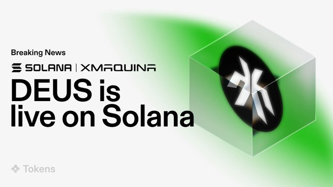 The image features a graphic of a cube made out of green triangles with the word "DEUS" written on top. The text in the image says, "BREAKING: $DEUS from @xmaquina is now live on Solana via @sunrisedefi". This text is located at the top center and right bottom corners of the image. These words suggest that the cube represents a tokenized exposure to the global robotics industry, with Deus being the primary focus. It appears that people have started investing in Deus tokens, which are related to the post about Deus living on Solana.