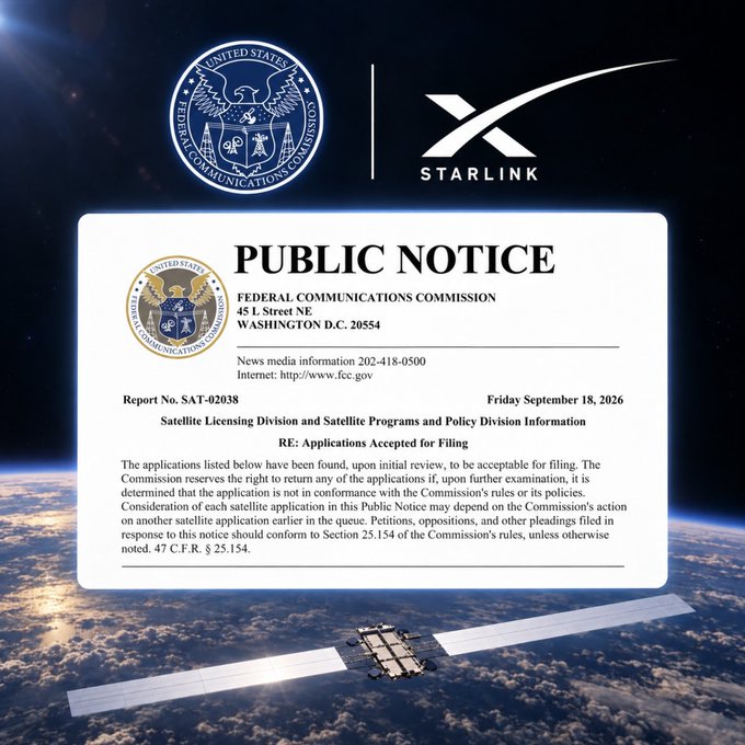 A public notice graphic from the Federal Communications Commission dated September 18, 2026, displayed alongside the Starlink logo over a satellite orbiting Earth.