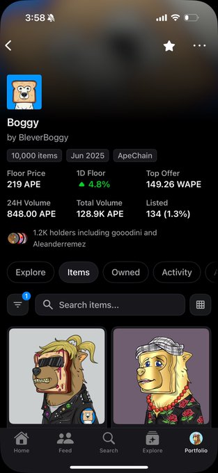 A mobile app screen shows details for the Boggy NFT collection by BleverBoggy on ApeChain, listing a floor price of 219 APE, 1D floor change of 4.8%, and a top offer of 149.26 WAPE.