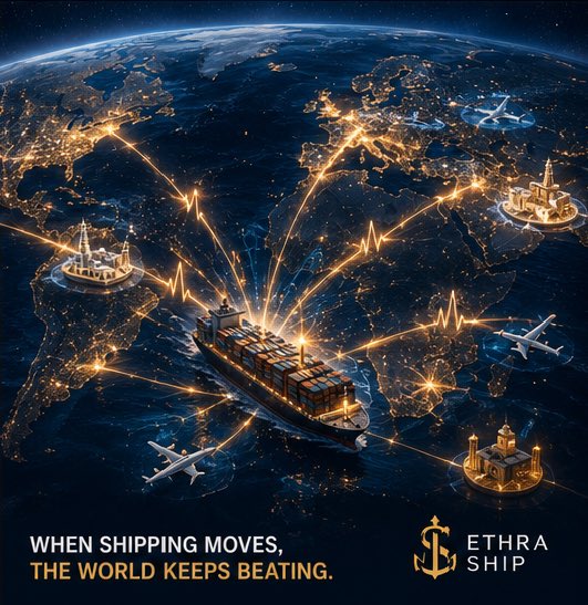 A glowing nighttime view of Earth shows a container ship connected by golden light streams to cities, oil rigs, and aircraft around the world, with the text "WHEN SHIPPING MOVES, THE WORLD KEEPS BEATING." and the ETHRA SHIP logo at the bottom. The image visually reinforces the post's message by illustrating the global interconnectedness of shipping and staking $SHIP, where locking tokens mirrors the way shipping keeps world trade circulating.