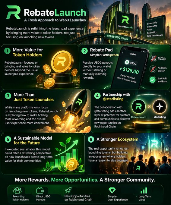 A green promotional infographic for “RebateLaunch” presents six numbered Web3 launch features, including “More Value for Token Holders,” “Rebate Pad,” and “Partnership with @starlisting.”