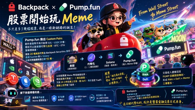A colorful Chinese-language promotional infographic for a partnership between Backpack and Pump.fun about meme token trading on Solana, featuring various crypto brand logos.