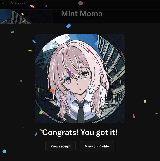 A Roblox-style notification screen showing a 'Congrats! You got it!' message for an avatar NFT named 'Mint Momo' featuring an anime-style pink-haired character, with options to view receipt or profile.