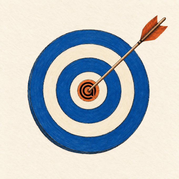 A simple illustration of a blue and white bullseye target with a wooden arrow striking the orange bullseye center.