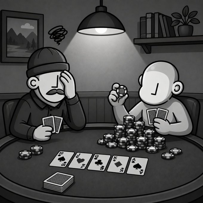 A grayscale cartoon illustration of two characters playing poker, with one wearing a beanie looking frustrated (with a tangled scribble above his head) while the other holds a chip, surrounded by stacks of poker chips and cards on the table.