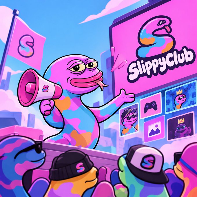A vibrant cartoon illustration features a pink slug-like mascot with its tongue out, holding a megaphone and wearing a backpack, promoting 'SlippyClub' on a large billboard above a crowd of diverse cartoon characters.