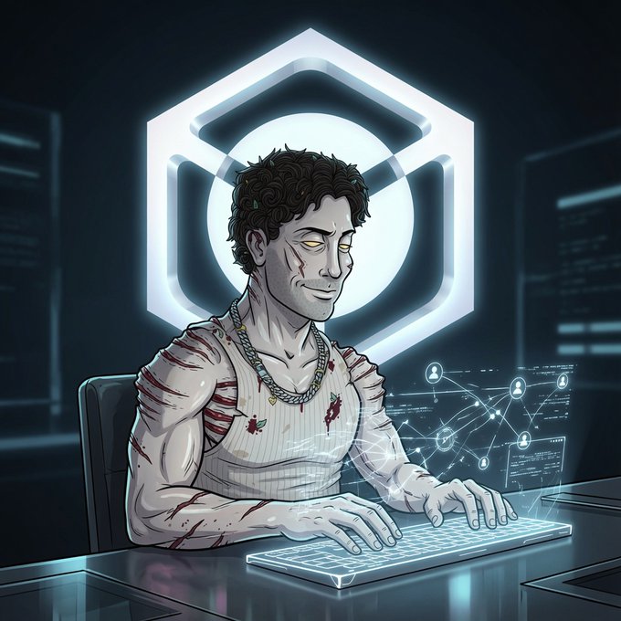 The image shows a tattooed man wearing ripped clothing sitting at a desk in front of a keyboard. Behind the man is a hexagon with spoked six corners encircling a single bright circle at the center.