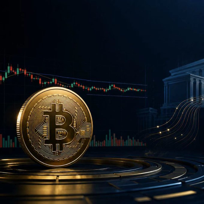 A golden Bitcoin coin sits prominently on a circular platform with candlestick price charts and what appears to be a government building in the background, illustrating the post's observation of BTC's stagnant price around $63,000 amid shrinking trading volumes and low volatility. The visual juxtaposition of the coin with market data graphs reflects the "cold" market conditions described, while the subdued color palette and minimal price movement in the background chart emphasize the lack of incremental buying pressure.