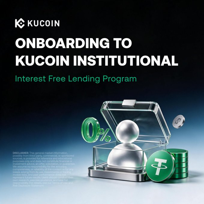 A sleek KuCoin promotional graphic announces their "Onboarding to KuCoin Institutional Interest Free Lending Program," featuring a 3D render of a white figure inside a transparent case alongside green "0%" and Tether (USDT) coin stacks—visually reinforcing the post's offer of a 60-day grace period, $10M volume qualification, and up to $3M credit facility for migrating API clients.