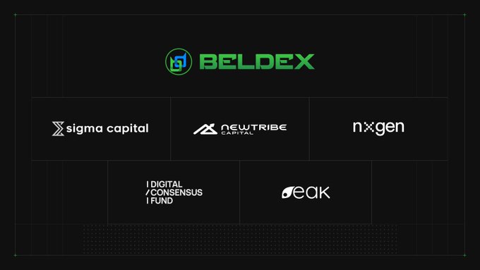 A black promotional graphic features the BELDEX logo at the top with partner logos below including sigma capital, NEWTRIBE CAPITAL, nxgen, DIGITAL CONSENSUS FUND, and peak.