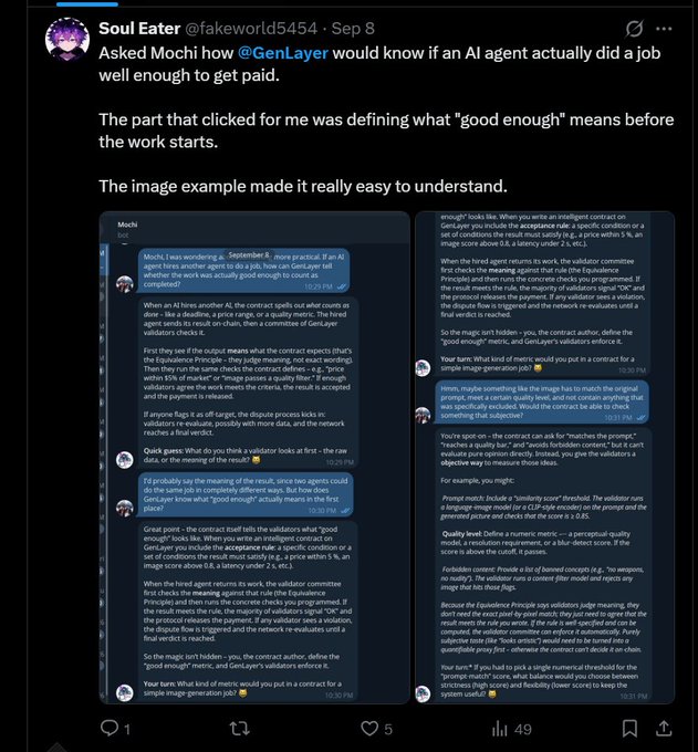 A Twitter/X post by Soul Eater (@fakeworld5454) discussing how AI agents determine if they did a job well enough to get paid, including screenshots of a conversation with @GenLayer.