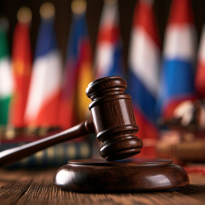 A close-up of a wooden judge's gavel resting on a sound block, with blurred international flags in the background.