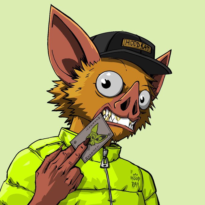 A digital illustration shows an anthropomorphic bat-like character wearing a black 'HOODRAT' cap and a neon green hoodie, holding up a card featuring a creature design with the text '2020 CA' visible.
