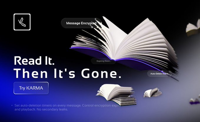 Dark promotional graphic for an app called 'KARMA' featuring an open book with butterflies, the tagline 'Read It. Then It's Gone,' and labels 'Message Encrypted,' 'Expiring Soon,' and 'Auto-Delete Active.'