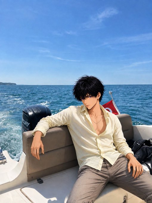 An anime-style illustration of a black-haired man in an open cream shirt sitting on a boat with the ocean and sky behind him.