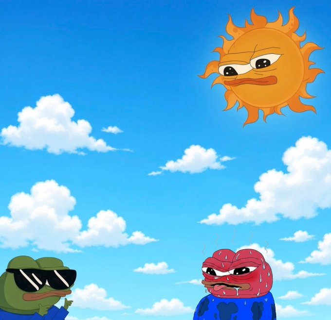 Digital cartoon illustration showing a grumpy-looking orange sun in the upper right, a cool frog wearing sunglasses on the lower left, and an angry sweating earth/planet character on the lower right, all against a blue sky with clouds.