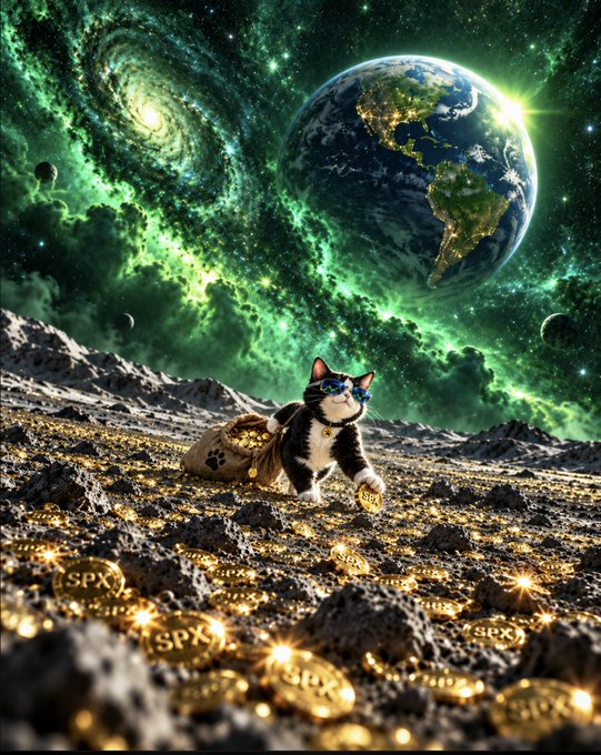 A digital artwork showing a cat wearing sunglasses walking on a moon-like surface covered in gold coins labeled '$SPX', with Earth and a green galaxy in the background.