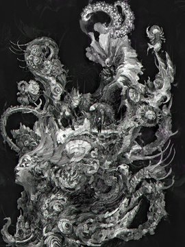 An intricate black-and-white baroque-style illustration featuring a female figure surrounded by swirling filigree, roses, peacock feathers, and a skull at the base.