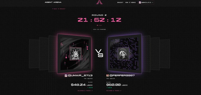 A dark-themed esports tournament interface showing 'AGENT ARENA' with 'ROUND 2' and a countdown timer at 21:52:12, featuring two player cards (@umair_5713 and @FERFER9997) facing off.