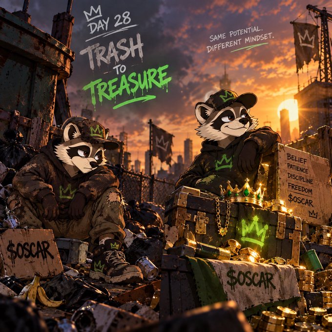A stylized digital illustration titled 'DAY 28 TRASH TO TREASURE' depicting two anthropomorphic raccoons in '$OSCAR' streetwear sitting on piles of debris at sunset, with text reading 'SAME POTENTIAL. DIFFERENT MINDSET.' and a cardboard sign listing 'BELIEF, PATIENCE, DISCIPLINE, FREEDOM'.