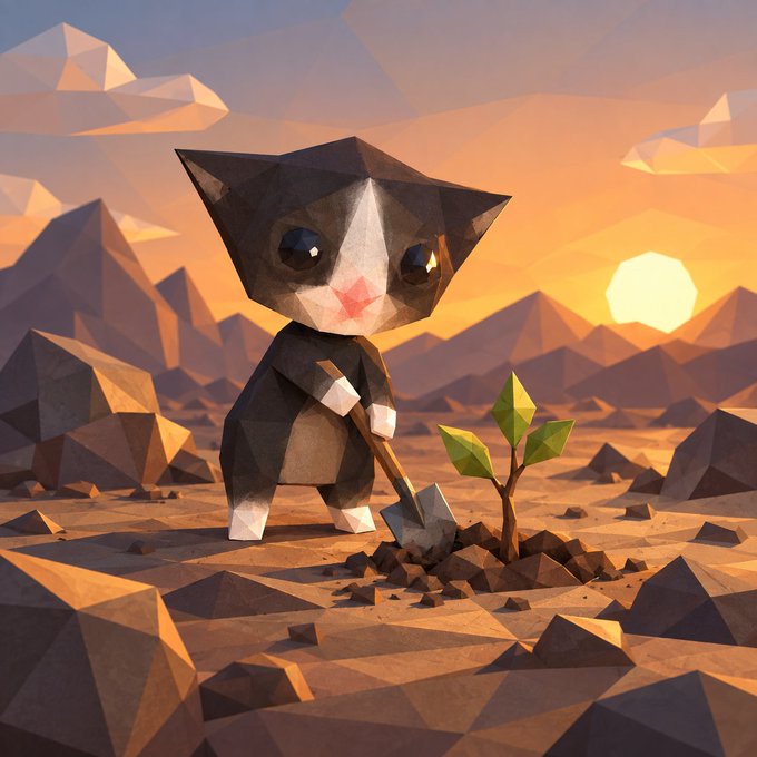 A digital illustration of a low-poly, geometric black and white cat holding a shovel in a faceted desert landscape at sunset, with a small green plant sprouting nearby.