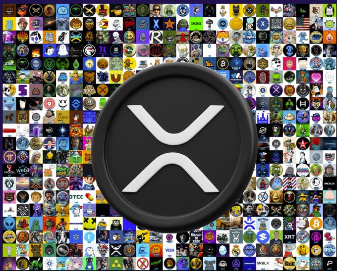 The image shows the XRP logo prominently displayed in the center against a backdrop of numerous cryptocurrency meme coin icons, with visible text including "XRP," "Ripples," "BITCOIN," and "SHIB." The post is asking the XRP community to recommend high-potential XRPL meme coins for a potential 50x gain, and the image visually represents the wide variety of meme coins available on the XRP Ledger ecosystem surrounding the central XRP brand.