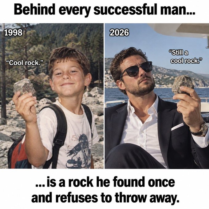 A humorous meme comparing two photos: on the left, a young boy in 1998 holds a rock labeled 'Cool rock,' and on the right, an adult man in 2026 on a yacht holds the same rock labeled 'Still a cool rock.' The caption reads 'Behind every successful man... is a rock he found once and refuses to throw away.'