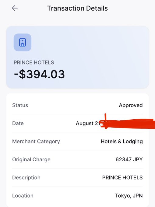 Transaction details screen showing a -$394.03 approved charge from PRINCE HOTELS in Tokyo, JPN, originally 62347 JPY, with the date partially redacted.