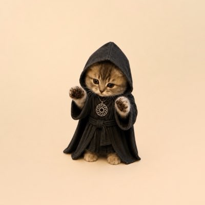 A humorous image of a tabby cat dressed in a black hooded robe with a pentagram necklace, posed with raised paws like a tiny sorcerer against a beige background.