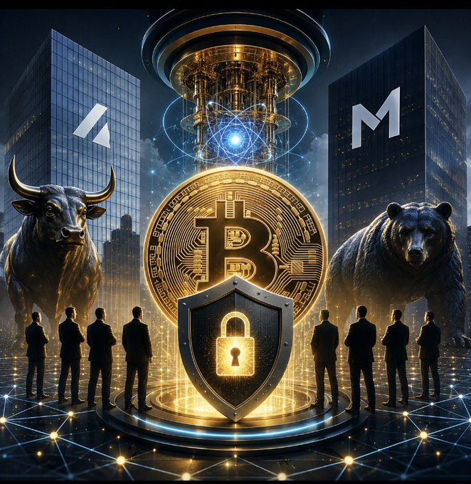 AI-generated digital artwork featuring a glowing Bitcoin coin centered between a bull and bear statue, with silhouettes of businessmen standing on either side against a dark city skyline.