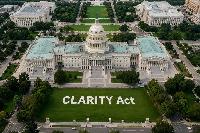 An aerial view of the US Capitol building with 'CLARITY Act' text displayed on the lawn.
