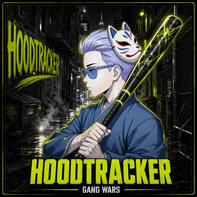 Anime-style cover art for 'HOODTRACKER: GANG WARS' featuring a character with silver hair, blue sunglasses, and a fox mask, holding a baseball bat wrapped in barbed wire against a dark city backdrop.
