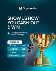 A promotional image for 'Bitget Wallet' advertising a video challenge with the text 'SHOW US HOW YOU CASH-OUT & WIN!' alongside a phone displaying prices for BTC, PEPE, SHIB, and PEPEWEPE.