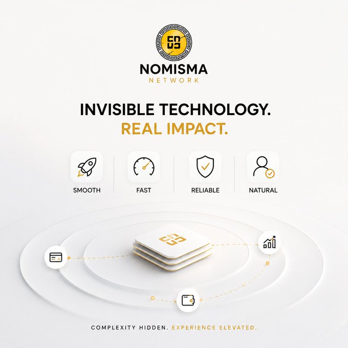 A promotional graphic for "Nomisma Network" featuring the tagline "INVISIBLE TECHNOLOGY. REAL IMPACT." alongside four key attributes: SMOOTH, FAST, RELIABLE, and NATURAL, with a central illustration of stacked white squares connected to peripheral icons on a circular platform, reinforcing the post's message about seamless Web3 infrastructure that works naturally in the background.
