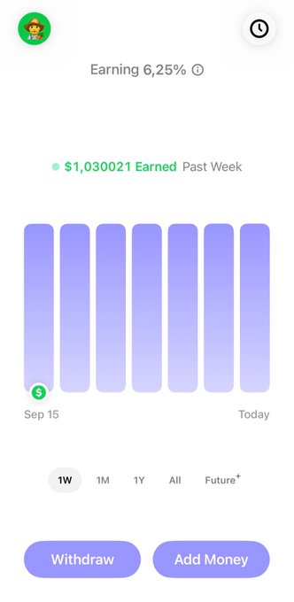 Mobile app screenshot showing crypto/staking earnings of $1,030,021 over the past week at 6.25% APY, with options to withdraw or add money.