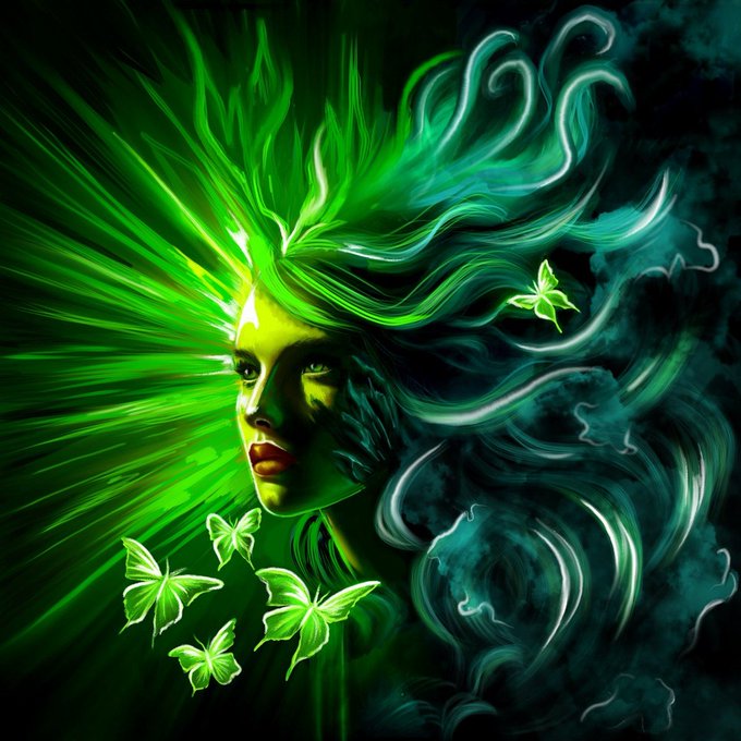A digital artwork of a green-skinned woman with flowing, wind-swept hair surrounded by glowing green light rays and luminous butterflies.