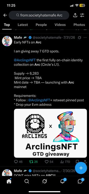 A Twitter/X post by @societyhatemafe announcing an ArclingsNFT GTD giveaway on Arc (Circle's L1), with 7 GTD spots available.