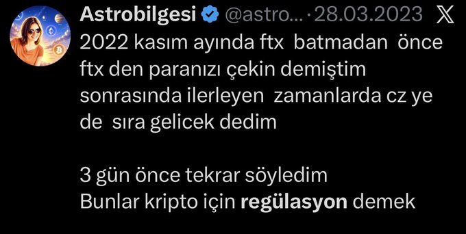 A screenshot of a Turkish-language tweet from @astrobilgesi dated 28.03.2023, in which the account references past warnings about the FTX collapse in November 2022 and mentions CZ, aligning with the accompanying post's assertion of having issued warnings well before FTX's downfall.