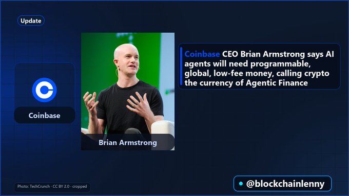 A news graphic featuring Coinbase CEO Brian Armstrong alongside text about AI agents and the currency of Agentic Finance.