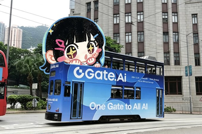 A blue double-decker tram in Hong Kong is wrapped in advertising for Gate.AI featuring a cartoon girl with starry eyes and the slogan 'One Gate to All AI.'