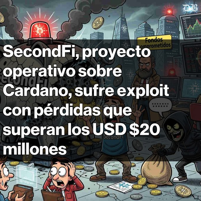The image shows a cartoon scene of two people holding up a sign that says "SecondFi, projecto otro proyecto", which translates to "SecondFi, project your own project". The background features a cityscape with buildings and a fire hydrant. There is also an illustration of a person holding a gun in the image. The caption below the image provides information about the post's content, stating that it is about a vulnerability in Cardano software and how it affects users' money.