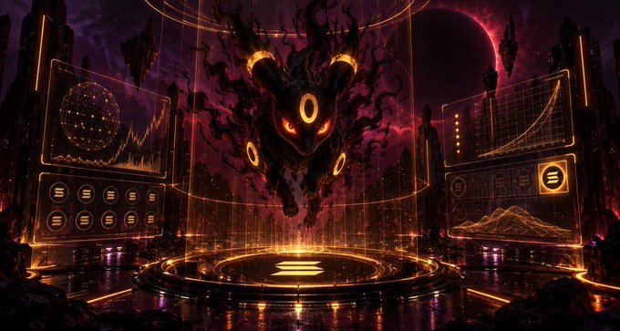 A dark, dramatic digital illustration of a horned demonic entity with glowing eyes surrounded by floating data charts and financial symbols like the XRP logo in a fiery orange-red atmosphere.