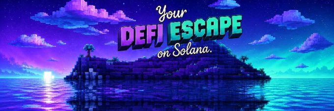A pixel-art tropical island scene under a starry purple and teal sky features the stylized text "Your DEFI ESCAPE on Solana," directly promoting the $KONA token launch on the Solana network as highlighted in the accompanying post.