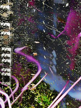 An abstract digital artwork with splattered paint effects, showing bright pink and blue colors against a dark background with white streaks resembling film perforations on the left edge.