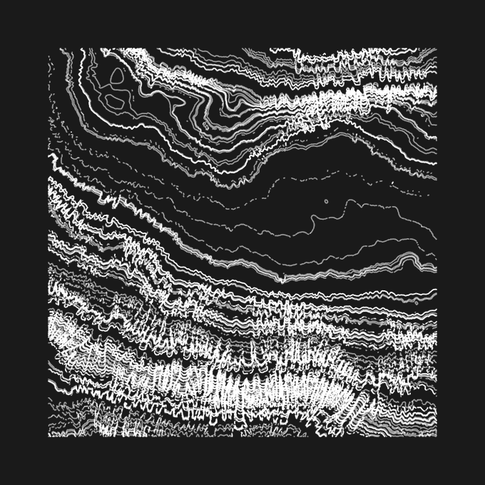 Abstract black and white image with flowing wavy line patterns resembling topographical contours or a distorted noise field.
