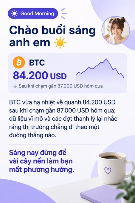 A Vietnamese 'Good Morning' crypto update graphic showing 'BTC 84.200 USD' with text noting the price cooled after nearly touching $87,000, accompanied by an upward trend chart and a coffee cup.
