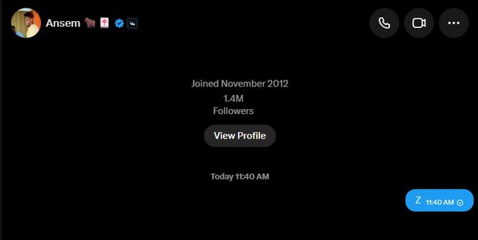 A screenshot of a direct message conversation on X (Twitter) with user 'Ansem' (1.4M followers, joined November 2012), showing a single message containing just the letter 'Z' sent at 11:40 AM.
